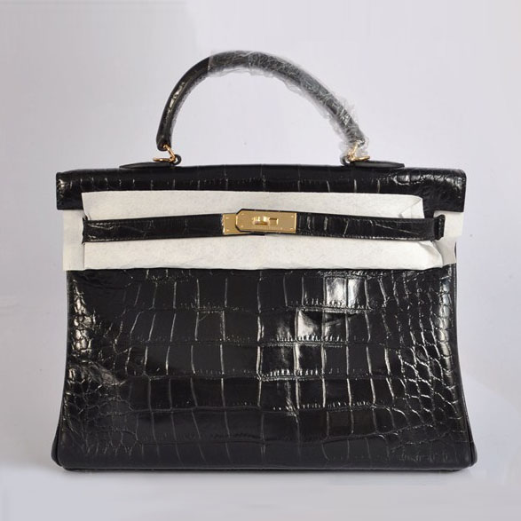 High Quality Hermes Kelly 35cm Crocodile Veins Leather Bag Black H035 - Click Image to Close